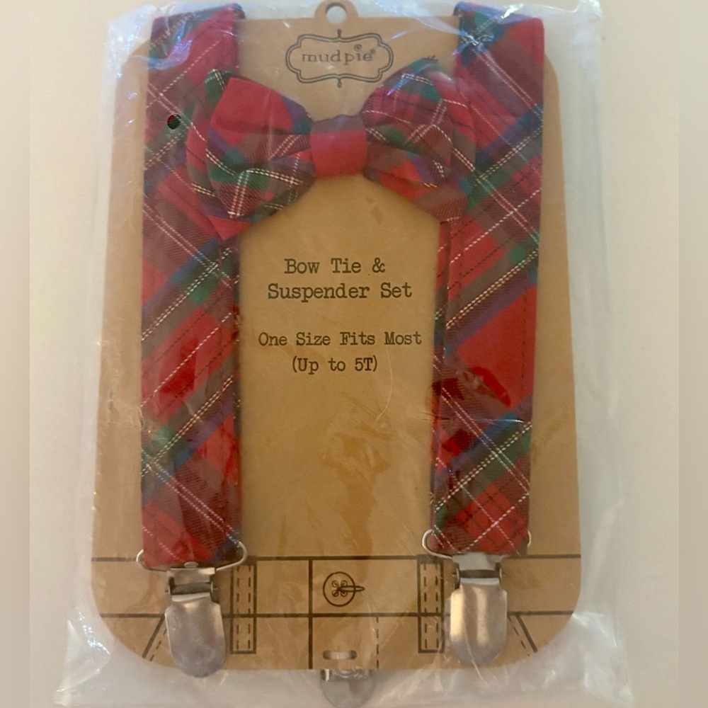 New Mud Pie Bow tie & suspenders set,sz 5T &under-adjustable. Red & green plaid.